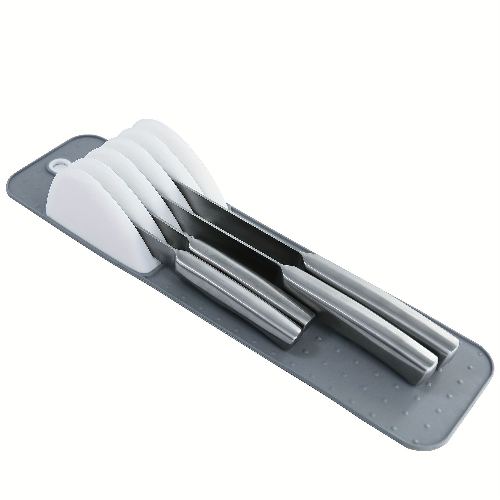 WIEZ 5-Slot Plastic & Silicone Knife Storage Rack  Soft-Edge Non-Slip Drawer Organizer for Space-Saving Kitchen Safety
