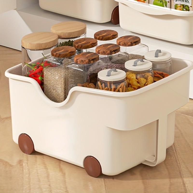 WIEZ Plastic Cabinet Storage Box with Wheels  Durable Rolling Basket with Handle for Space-Saving Kitchen & Wardrobe Organisation