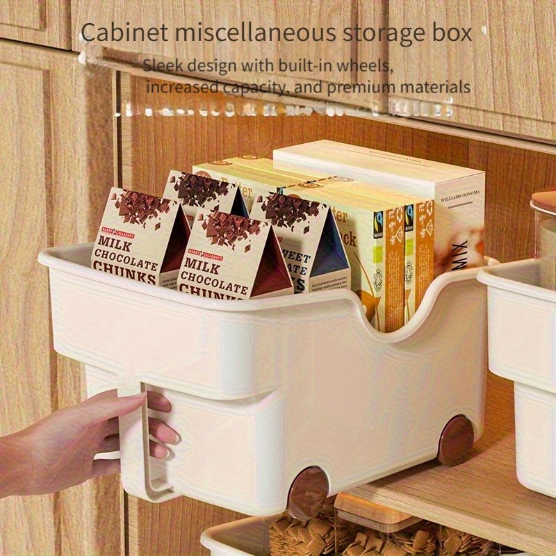 WIEZ Plastic Cabinet Storage Box with Wheels  Durable Rolling Basket with Handle for Space-Saving Kitchen & Wardrobe Organisation