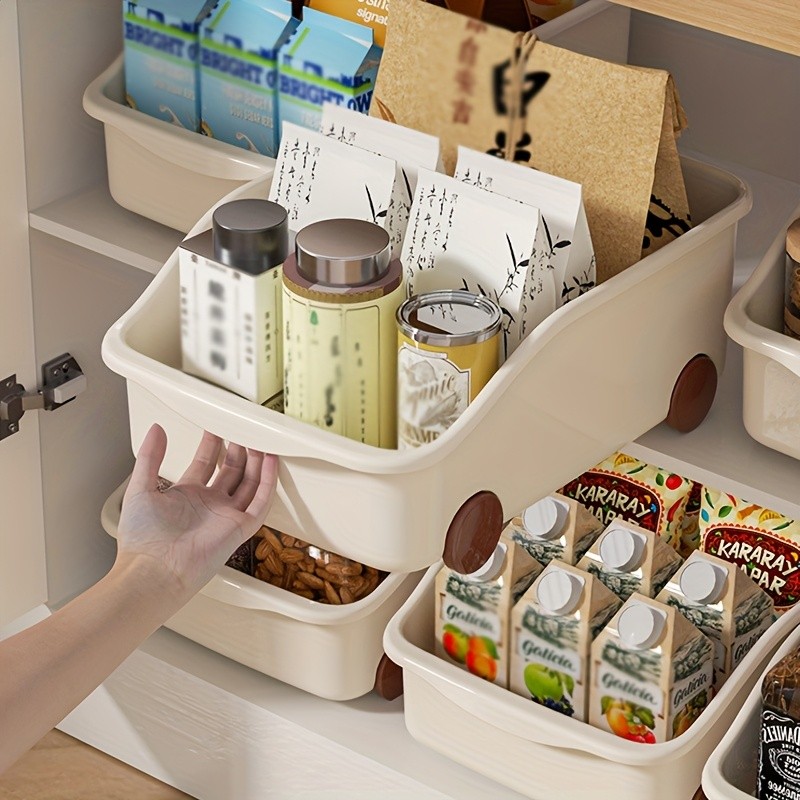 WIEZ Plastic Cabinet Storage Box with Wheels  Durable Rolling Basket with Handle for Space-Saving Kitchen & Wardrobe Organisation