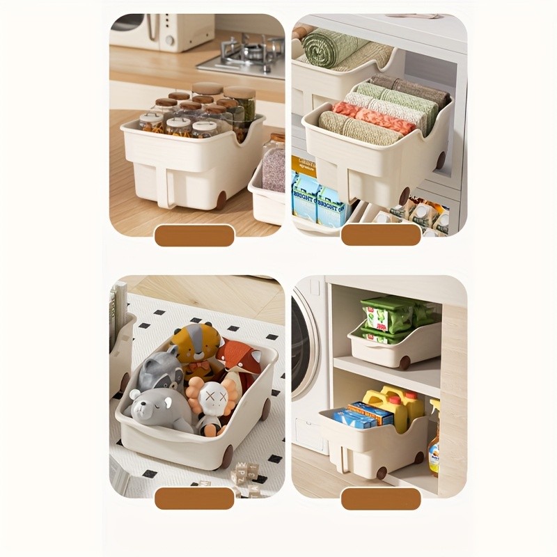 WIEZ Plastic Cabinet Storage Box with Wheels  Durable Rolling Basket with Handle for Space-Saving Kitchen & Wardrobe Organisation