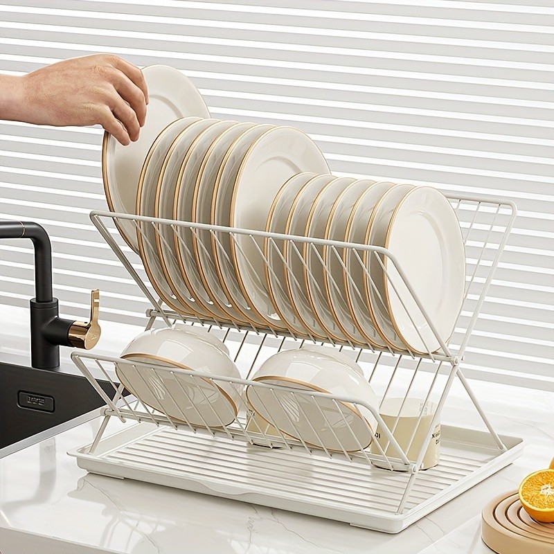 WIEZ Stainless Steel 2-Layer X-Shaped Foldable Dish Drying Rack  Space-Saving Countertop Dryer for Bowls, Plates & Utensils
