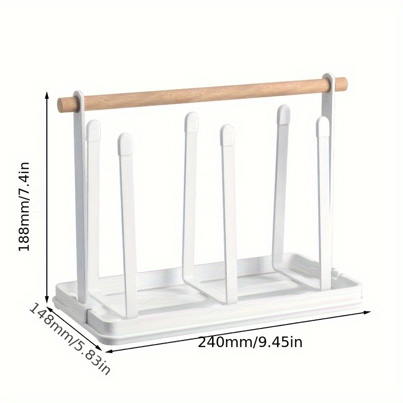 WIEZ 6-Cup Metal Drying Rack with Wooden Handle  Mug, Beer Cup & Bottle Organizer with Water Tray