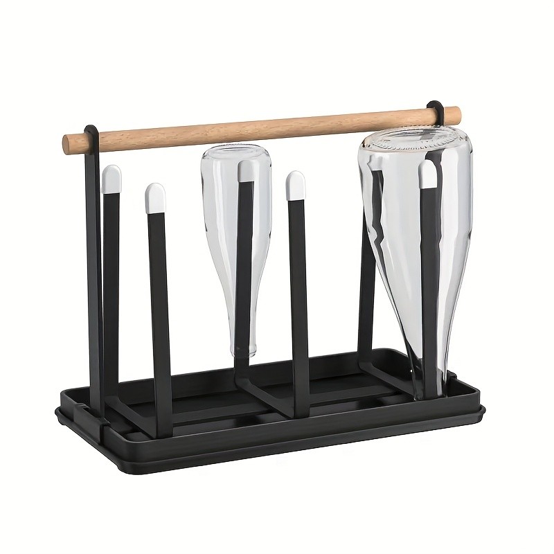 WIEZ 6-Cup Metal Drying Rack with Wooden Handle  Mug, Beer Cup & Bottle Organizer with Water Tray