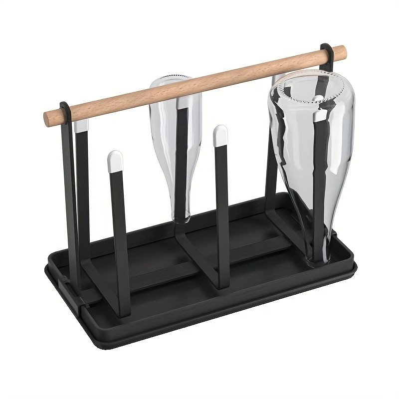 WIEZ 6-Cup Metal Drying Rack with Wooden Handle  Mug, Beer Cup & Bottle Organizer with Water Tray