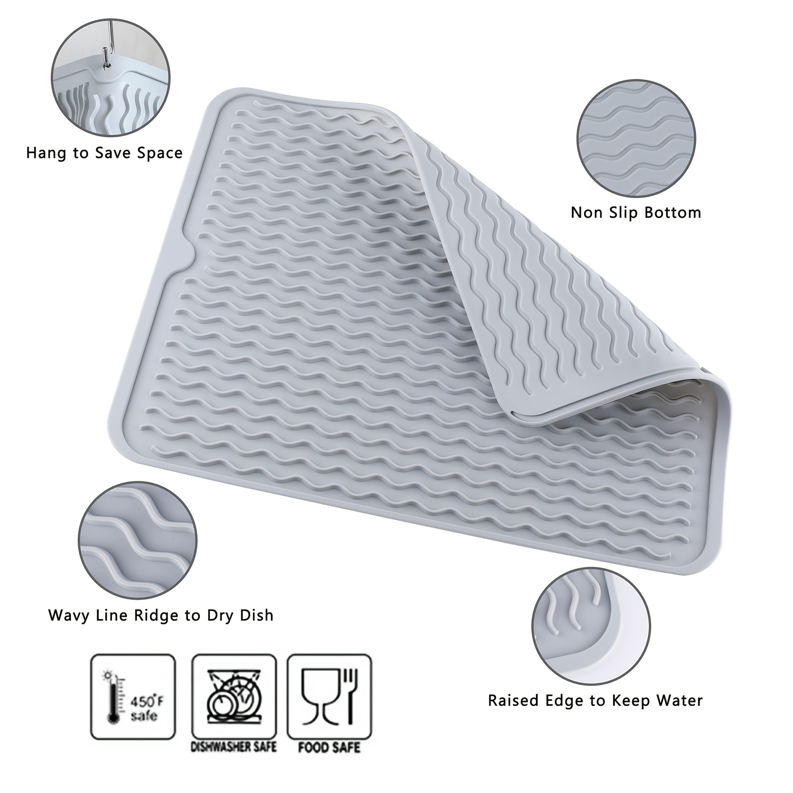 WIEZ Silicone Drain Pad  Large Easy-Clean Drying Mat with Built-In Drainage Holes for Countertops, Sinks & Fridges