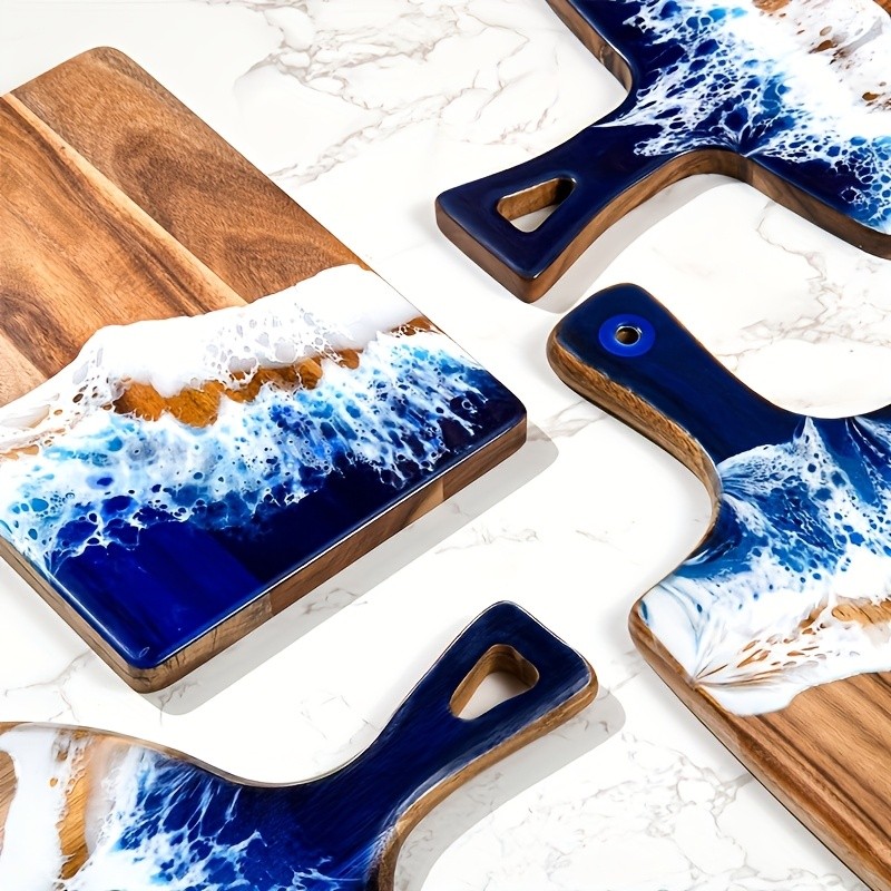 WIEZ Wave Resin & Acacia Wood Cutting Board  Artistic Riverbank Design for Fruit, Steak, Bread & Cheese Serving