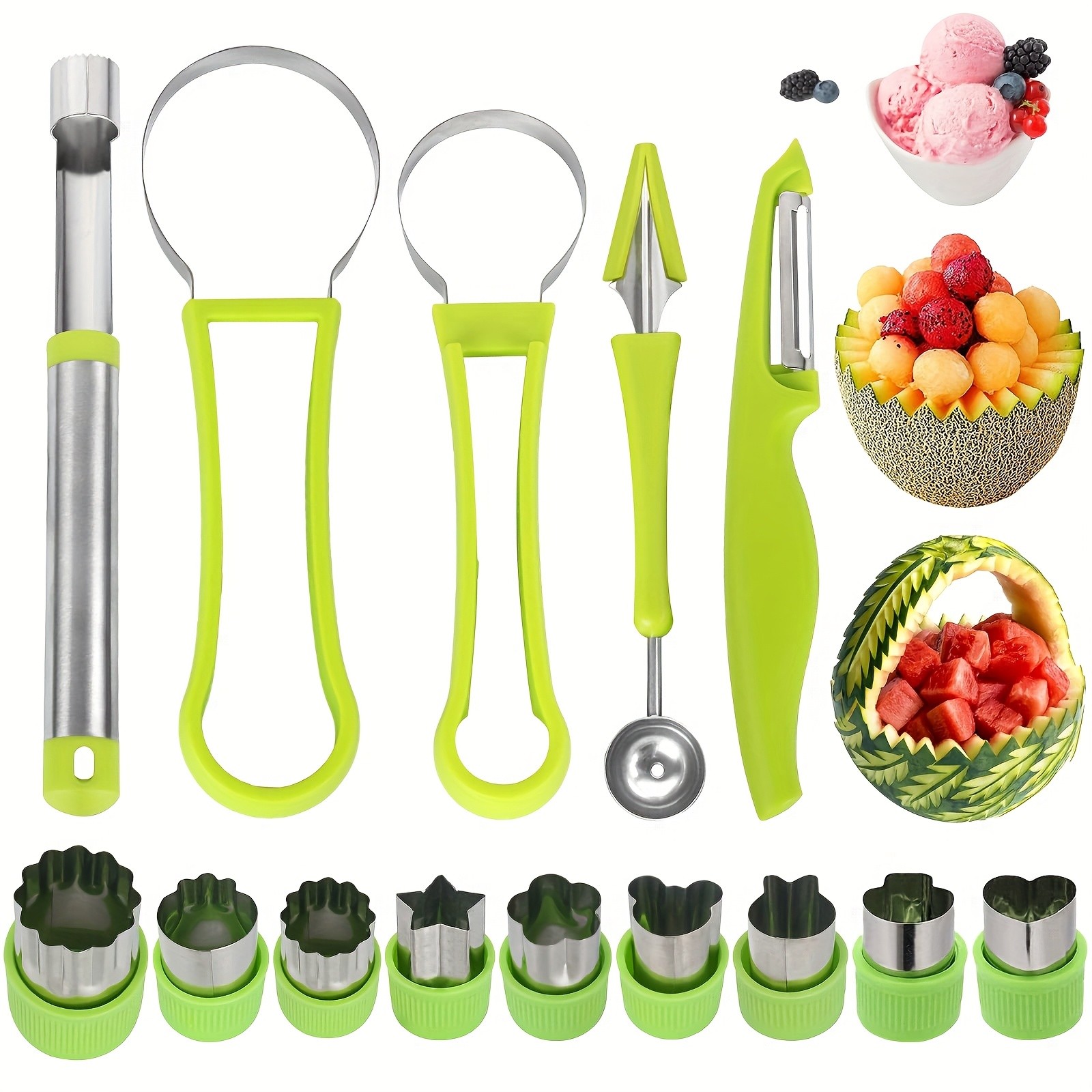 WIEZ 14-Piece Stainless Steel Melon Ball & Fruit Shaping Tool Set  4-in-1 Multi-Function Kit for Creative Fruit & Veg Prep