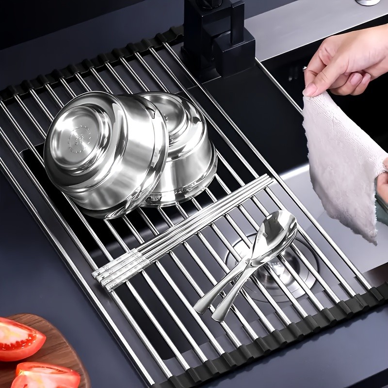 LDQ Deluxe Roll-Up Stainless Steel Dish Drying Rack  Space-Saving Over-the-Sink Organizer with Sleek Metallic Finish