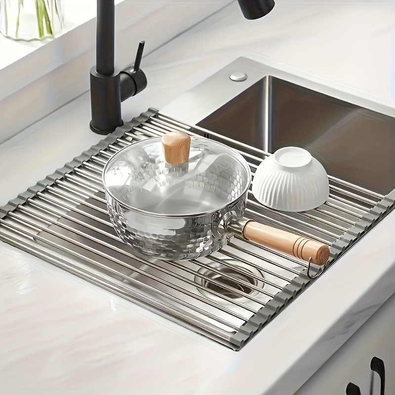 LDQ Deluxe Roll-Up Stainless Steel Dish Drying Rack  Space-Saving Over-the-Sink Organizer with Sleek Metallic Finish