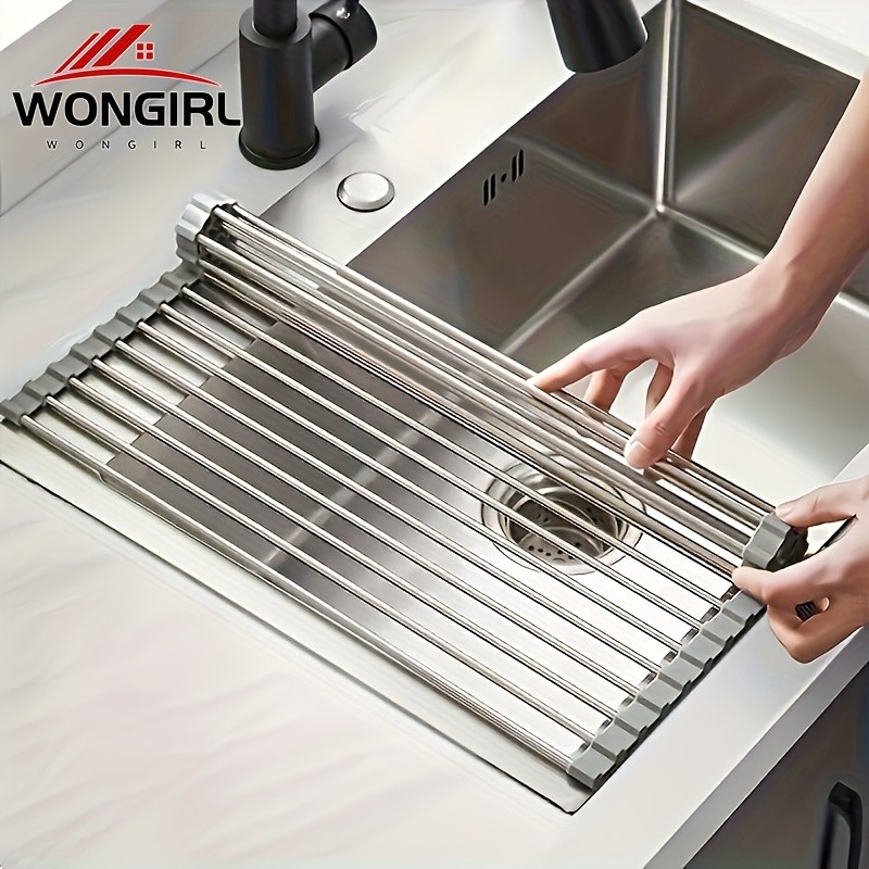 LDQ Deluxe Roll-Up Stainless Steel Dish Drying Rack  Space-Saving Over-the-Sink Organizer with Sleek Metallic Finish