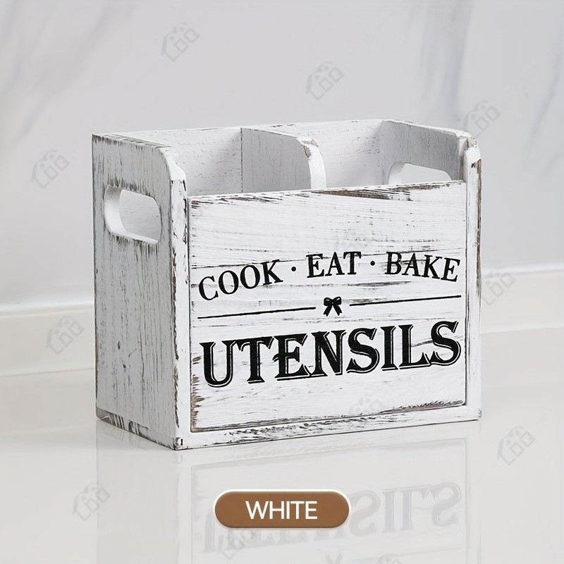 LDQ Rustic Wooden Utensil Holder  3-Compartment Countertop & Wall-Mounted Organizer for Forks, Spoons, Whisks & Kitchen Tools