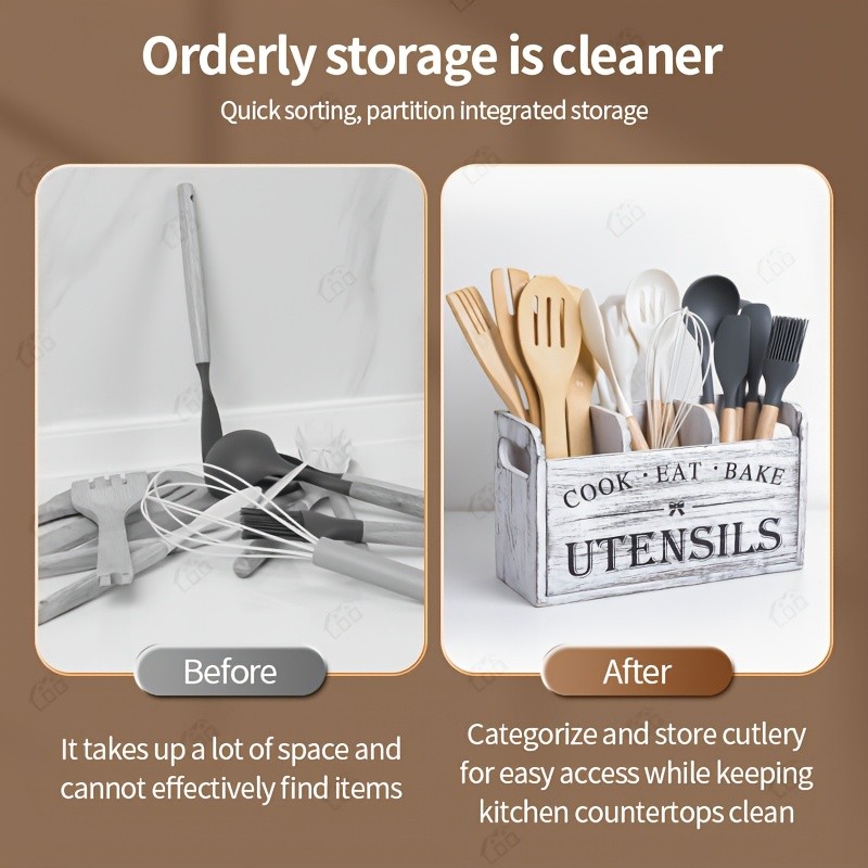 LDQ Rustic Wooden Utensil Holder  3-Compartment Countertop & Wall-Mounted Organizer for Forks, Spoons, Whisks & Kitchen Tools