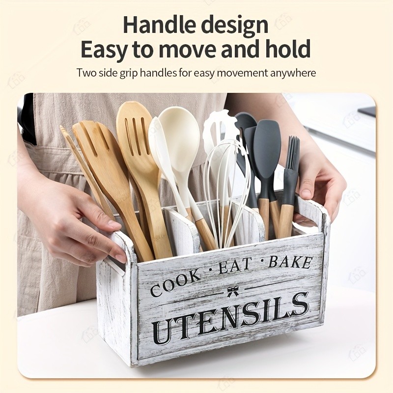 LDQ Rustic Wooden Utensil Holder  3-Compartment Countertop & Wall-Mounted Organizer for Forks, Spoons, Whisks & Kitchen Tools