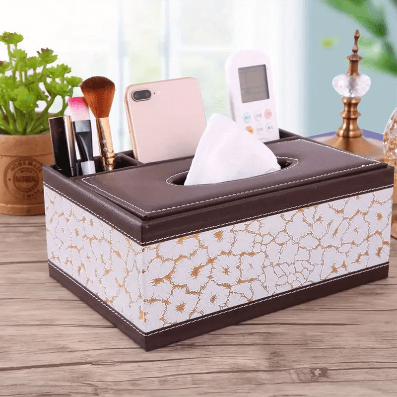 LDQ Multi-Functional Faux Leather Tissue & Storage Box  4-Compartment Organizer for Remotes, Napkins & Home Essentials