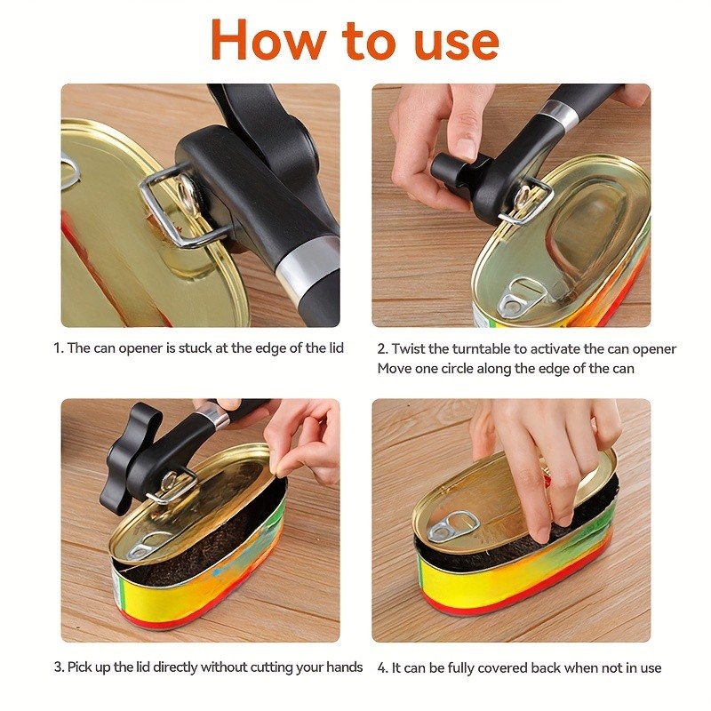 LDQ Stainless Steel TLDOD Manual Can Opener  Quick Side-Opening Kitchen Tool with Ergonomic Black Handle