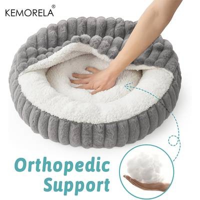 KEMORELA Calming Warm Kitten Bed  Round Hooded Plush Cat Cave