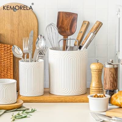 KEMORELA Ceramic Kitchen Utensil Holder Set  1/2pcs Arctic White Embossed Countertop Organizers