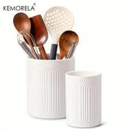 KEMORELA Ceramic Kitchen Utensil Holder Set  1/2pcs Arctic White Embossed Countertop Organizers