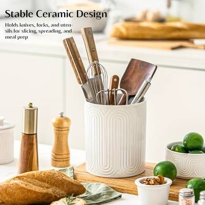 KEMORELA Ceramic Kitchen Utensil Holder Set  1/2pcs Arctic White Embossed Countertop Organizers