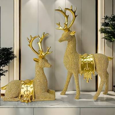 NLDD Exquisite Deer Resin Craft Set (2pcs)  Elegant Beaded Deer Statues for Luxurious Home Dcor