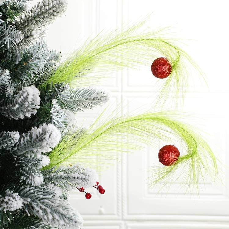 NLDD 12pcs Artificial Christmas Tree Stems  Lime Green Furry Holiday Picks with Red Berries