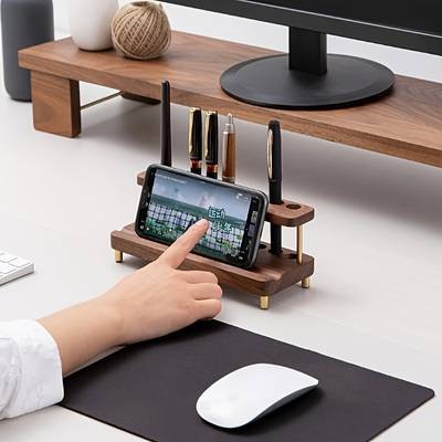YIMUWN Walnut Wood Desk Organizer  Multifunctional Pen Holder, Phone Stand & Storage