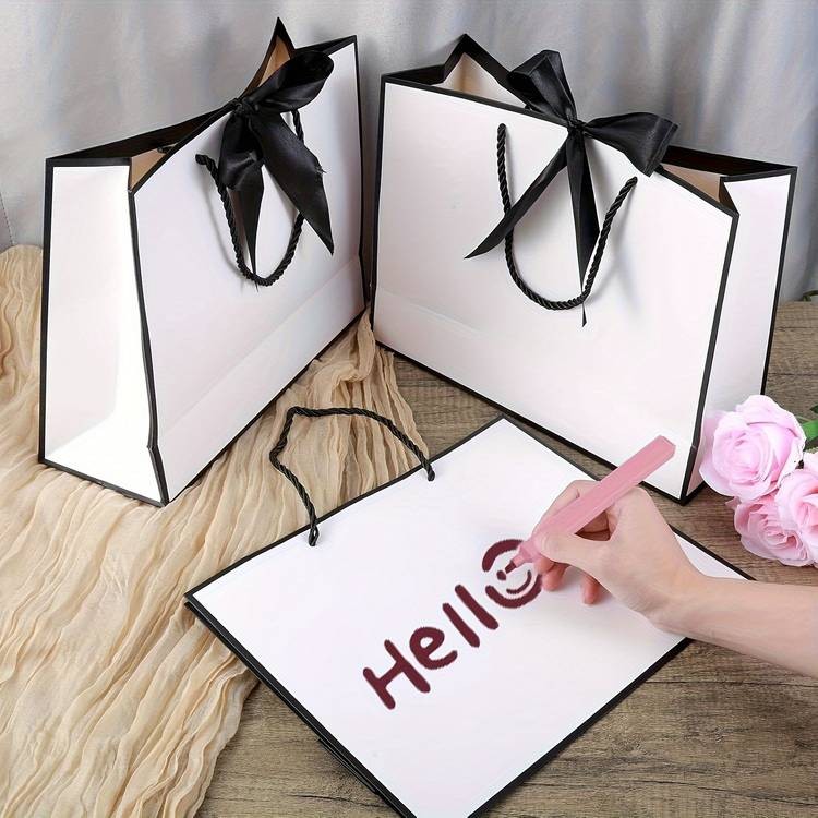 YIMUWN 10-Pack Elegant White Gift Bags with Satin-Like Black Ribbon Bows  Premium Multi-Size Paper Favor Bags