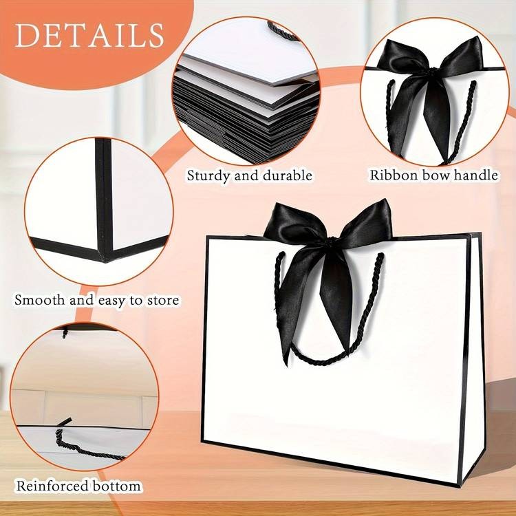 YIMUWN 10-Pack Elegant White Gift Bags with Satin-Like Black Ribbon Bows  Premium Multi-Size Paper Favor Bags