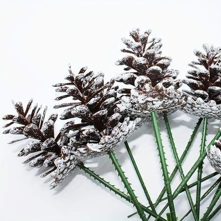YIMUWN 24pcs Artificial Christmas Pine Cone Branches  Brushed White Holiday Picks with Evergreen Sprigs