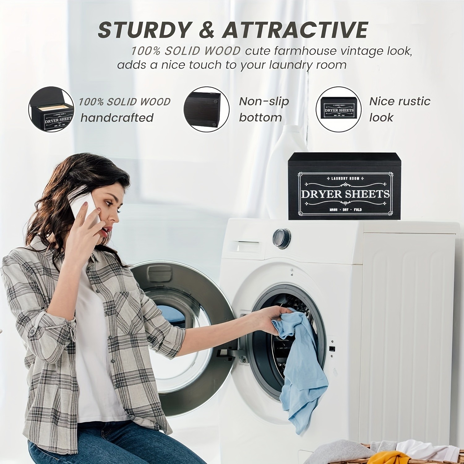 LDQ Rustic Dryer Sheet Holder  Hinged-Lid Farmhouse Container for Neat NZ Laundry Storage & Organisation