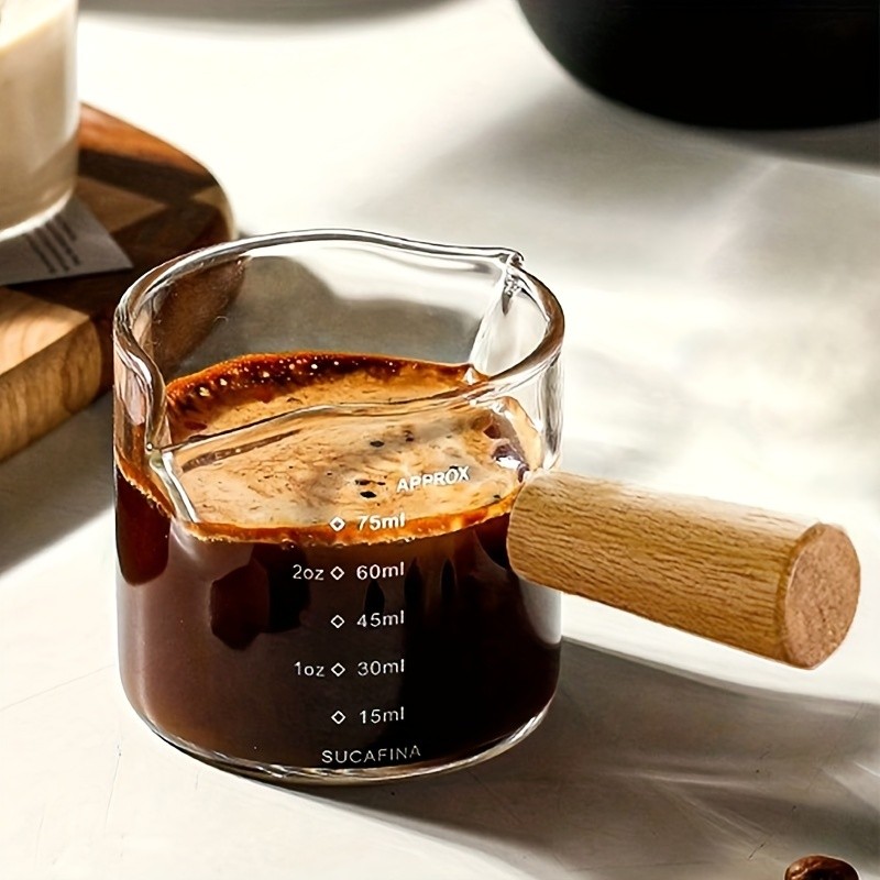 YUHUPHYLLIC Clear Glass Measuring Cup 2.6oz Precision Scale with Wooden Handle for Espresso & Coffee Brewing