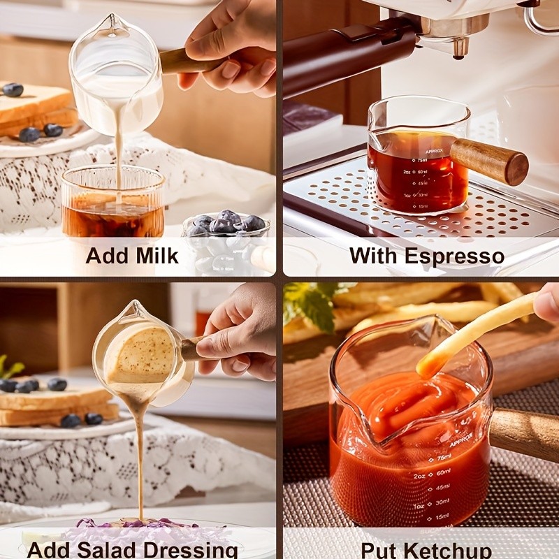 YUHUPHYLLIC Clear Glass Measuring Cup 2.6oz Precision Scale with Wooden Handle for Espresso & Coffee Brewing