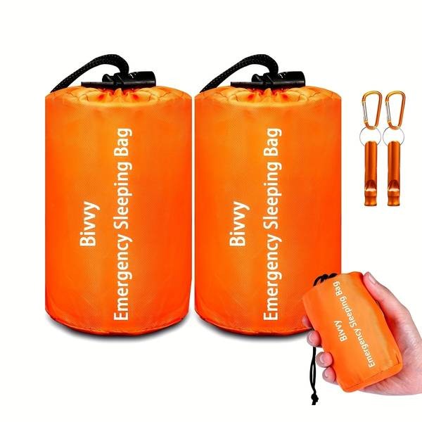 2/4 Pack Orange Portable Warm Sleeping Bags with Whistle & Climbing Loop Survival Gear for Camping & Hiking