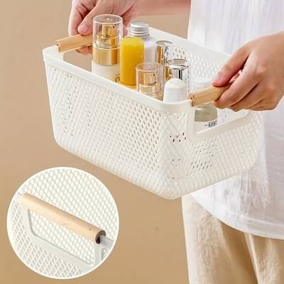 FARIDABIO 3pcs Plastic Storage Baskets with Double Wooden Handles  Lightweight, Multi-Purpose Organizers