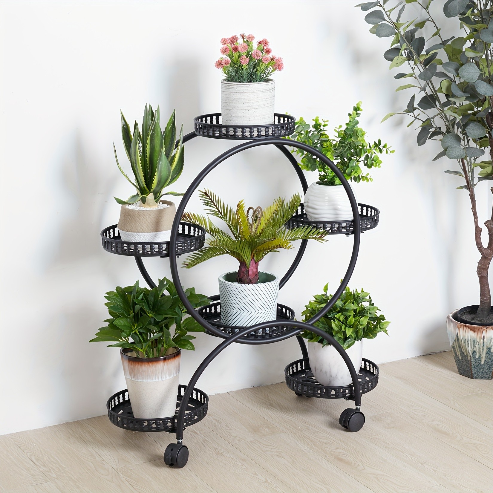 wisfor 6 Pot Metal Plant Stand  Multi-Layer, Rolling Plant Rack for Indoor and Outdoor Use