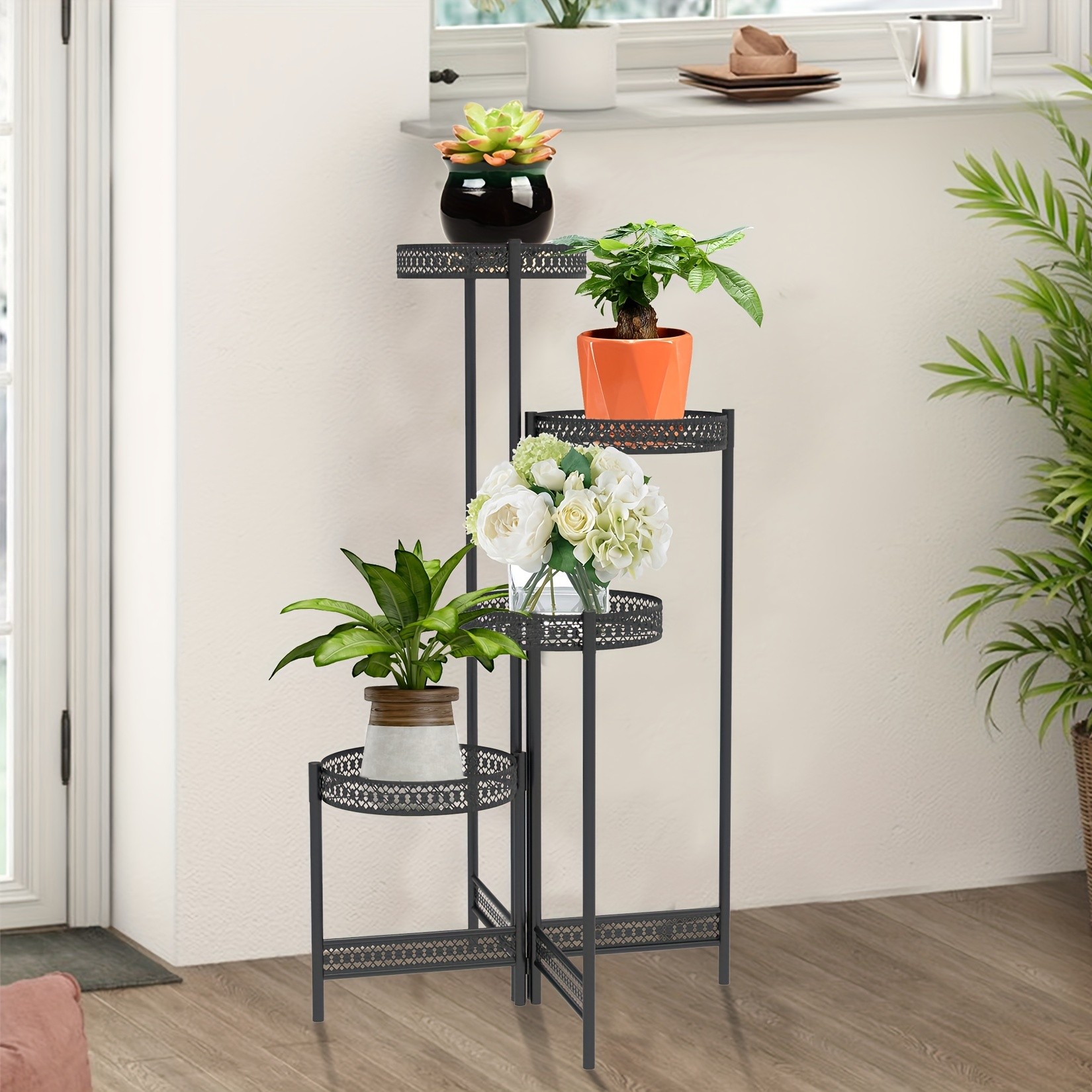 wisfor 4-Tier Folding Metal Planter Pots Holder  Elegant and Durable Storage for Indoor and Outdoor Plants