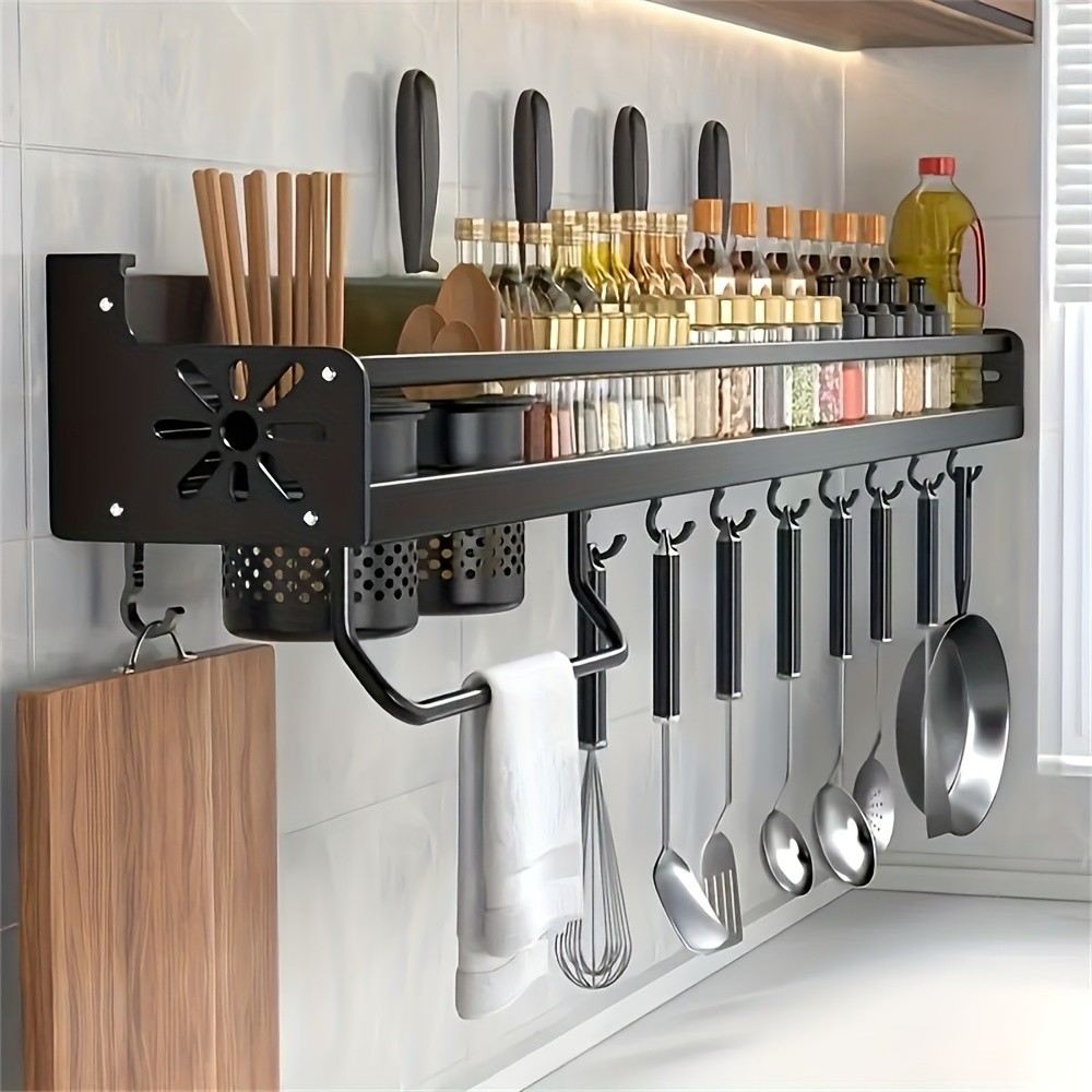 FARIDABIO Varnished Metal Hanging Shelf  Wall-Mounted Kitchen Utensil Rack with Hooks