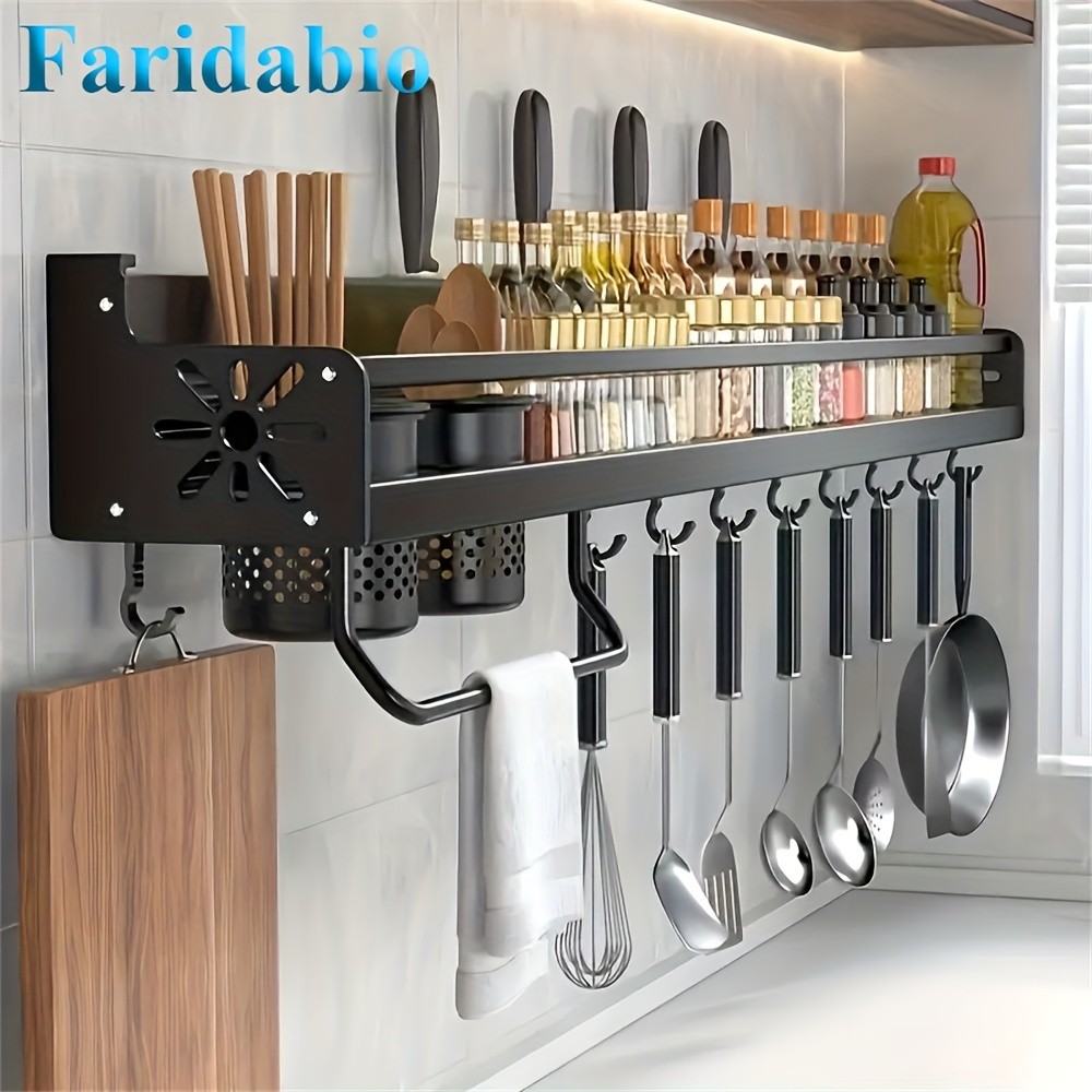 FARIDABIO Varnished Metal Hanging Shelf  Wall-Mounted Kitchen Utensil Rack with Hooks