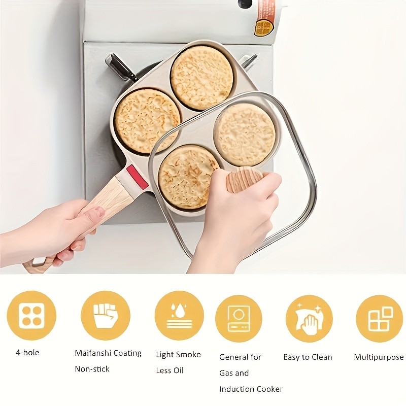 FARIDABIO 4-Holes Frying Pan with Lid  Non-Stick Egg and Burger Cooking Pan with Wooden Handle