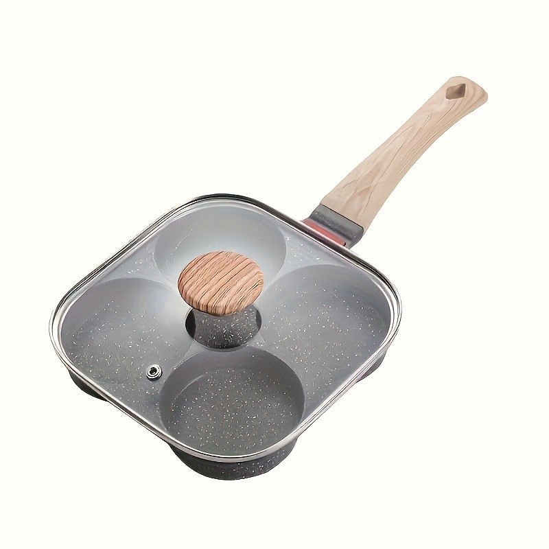 FARIDABIO 4-Holes Frying Pan with Lid  Non-Stick Egg and Burger Cooking Pan with Wooden Handle