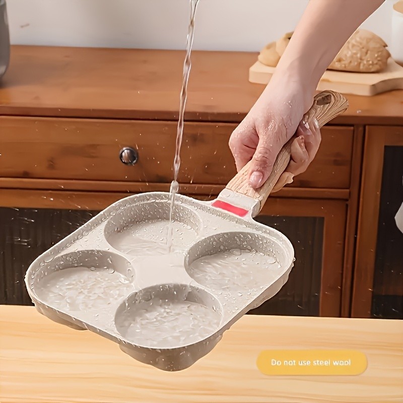 FARIDABIO 4-Holes Frying Pan with Lid  Non-Stick Egg and Burger Cooking Pan with Wooden Handle