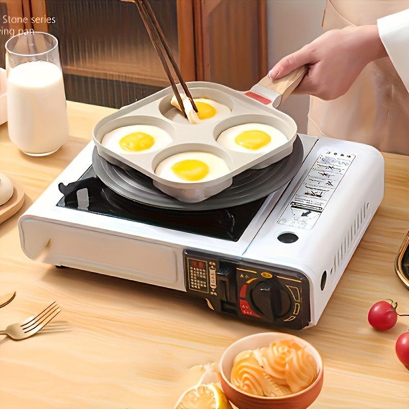 FARIDABIO 4-Holes Frying Pan with Lid  Non-Stick Egg and Burger Cooking Pan with Wooden Handle