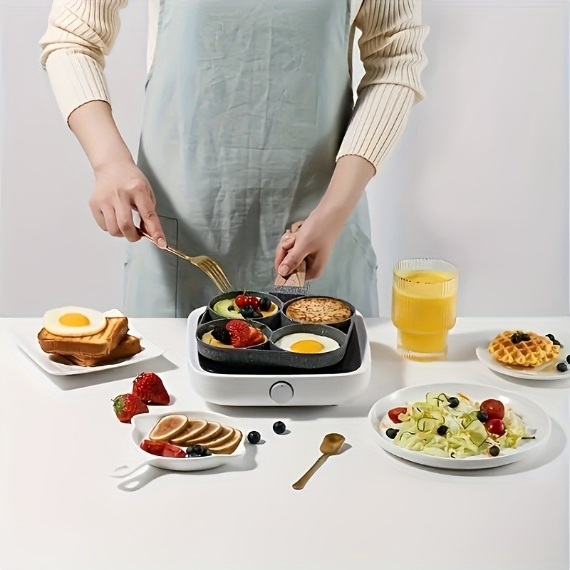 FARIDABIO 4-Holes Frying Pan with Lid  Non-Stick Egg and Burger Cooking Pan with Wooden Handle