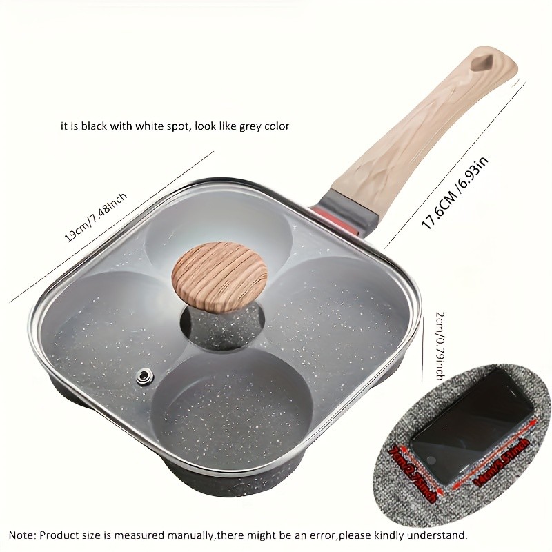 FARIDABIO 4-Holes Frying Pan with Lid  Non-Stick Egg and Burger Cooking Pan with Wooden Handle