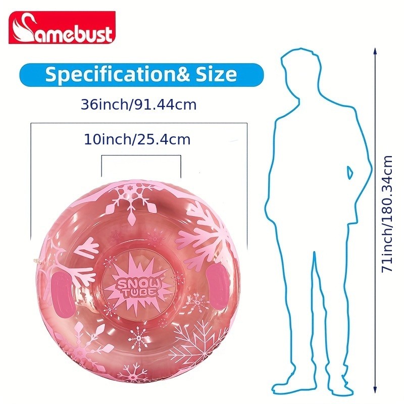 CAMEBUST 91.44cm Heavy-Duty Inflatable Snow Tube  Pink/White Blow-Up Sled with Star & Snowflake Design