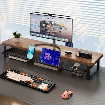 PMMJ Dual-Layer Computer Stand with Drawers Space-Saving Monitor Stand with Enhanced Airflow and Storage