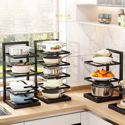 PMMJ Height Adjustable Three and Four Tier Pot Rack  Space-Saving Kitchen Storage for Pots and Household Supplies