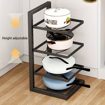 PMMJ Height Adjustable Three and Four Tier Pot Rack  Space-Saving Kitchen Storage for Pots and Household Supplies