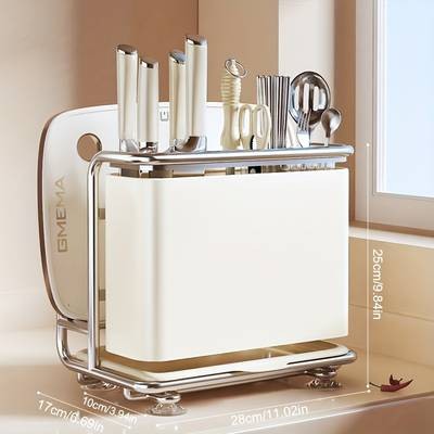 FARIDABIO Stainless Steel Knife Block Organizer with Drain Tray  Durable Multi-Functional Kitchen Storage Rack
